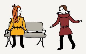 Illustration of Betsy and Tacy meeting at their bench