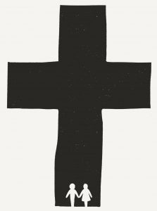 Husband and wife silhouetted against a large cross