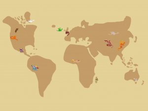 World map showing the supposed location of the dragon discoveries in Base's tongue-in-cheek guide