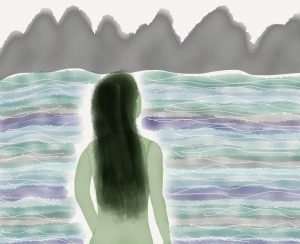 Picture of the Green Lady, looking out at the 'fixed land' of Venus in Lewis’s Perelandra. The innocence of a whole world depends on her decision.
